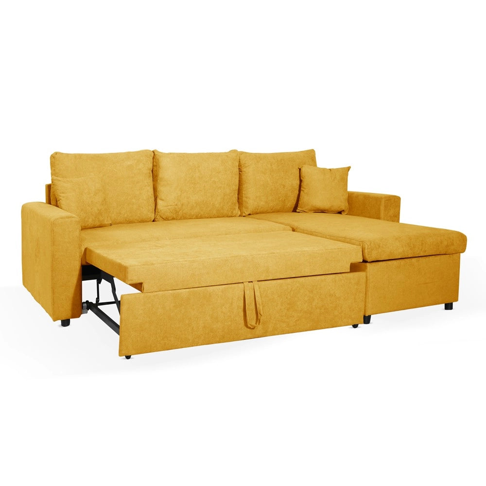 Divano con penisola reversibile funzione letto Golf tessuto senape 225x148x91H