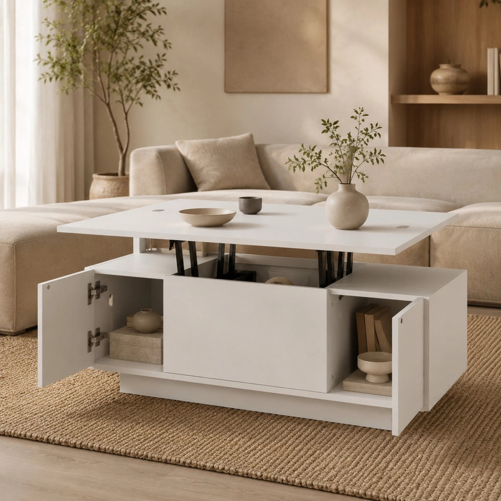 Tavolino da salotto bianco con doppio piano sollevabile e vano contenitore