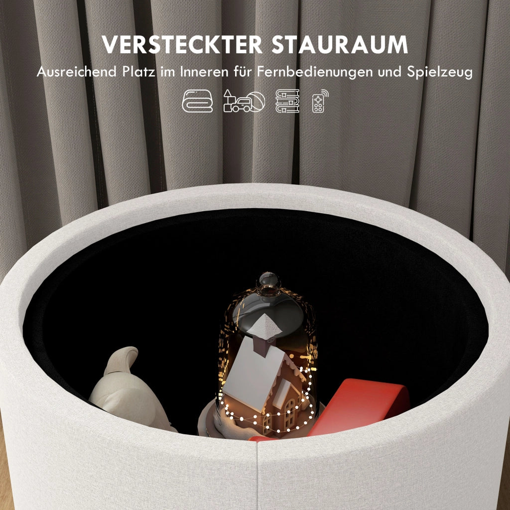 Pouf rotondo con contenitore e coperchio ribaltabile in MDF bianco crema