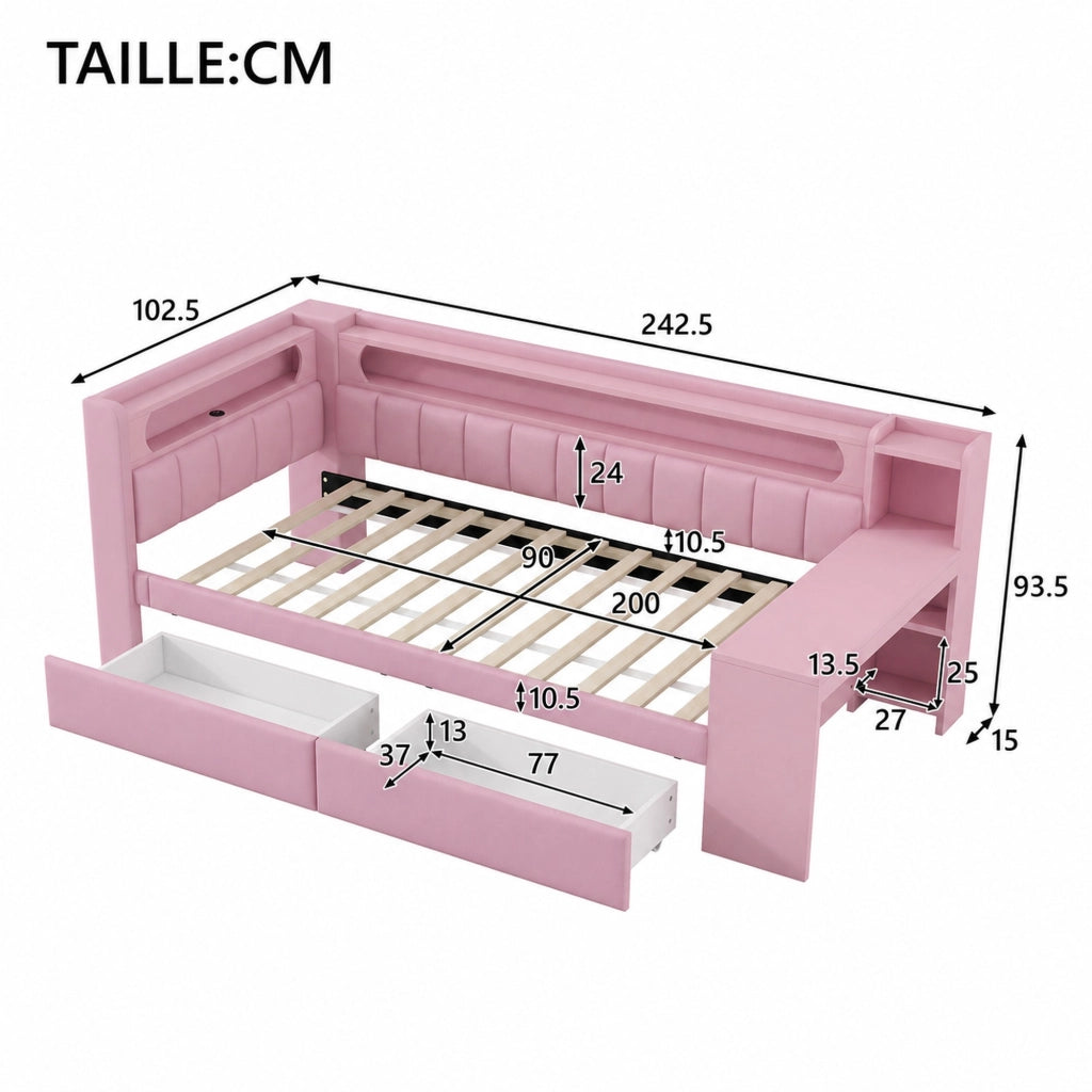 DESMIU Letto daybed 90 × 200 cm 1 posto con scrivania, 2 cassetti, USB e LED, senza materasso, rosa