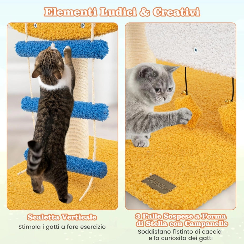 Tiragraffi per Gatti a Tema Aviatorio, Albero per Gatti con Posatoio a Forma di Elicottero, Palo, Piattaforma, Scala e 3 Giocattoli Sospesi, Torre per Animali Domestici Interno