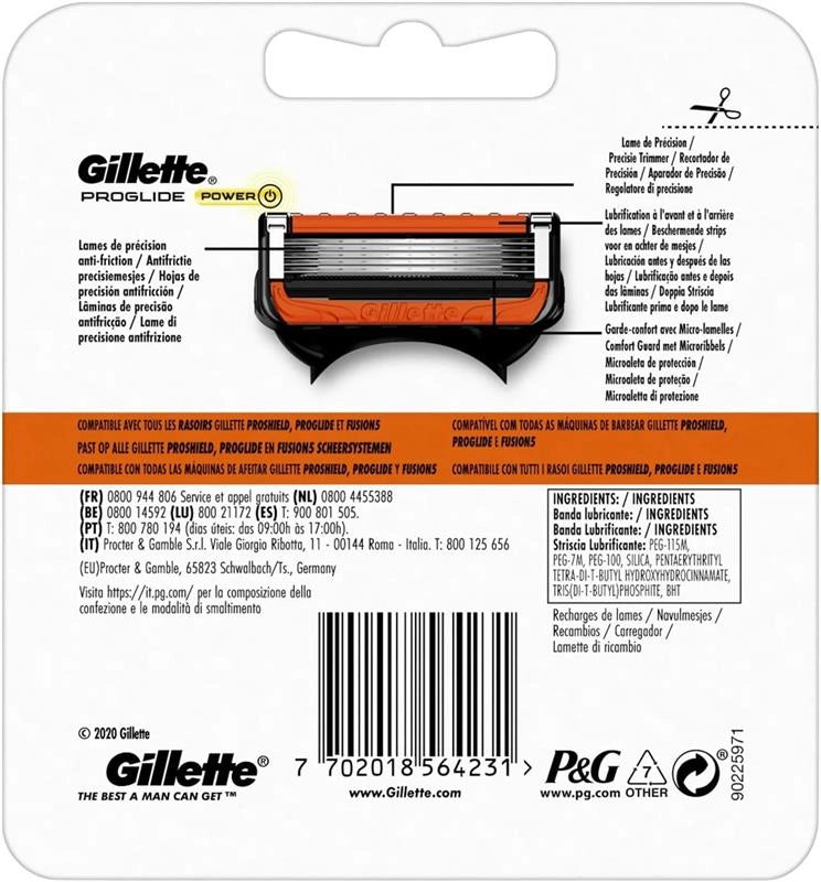 GILLETTE FUSION 5 PROGLIDE POWER LAMETTE DA BARBA PER RASOIO DI SICUREZZA 4 RICAMBI+5 LAME RIFINISCE LE AREE PIÙ DIFFICILI