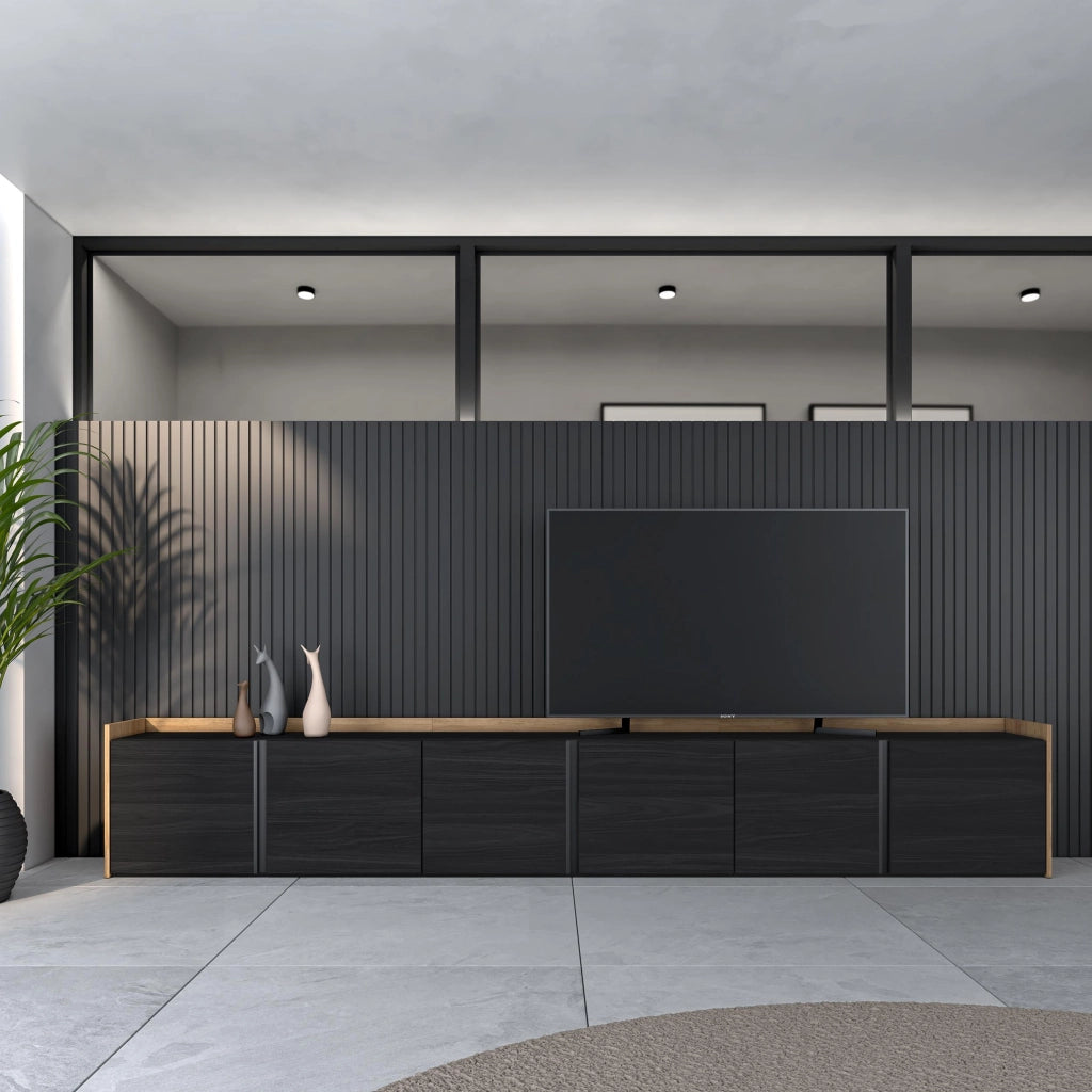 Mobile TV Soggiorno, 309x50x35 cm, Per TV fino a 80", Mobile Soggiorno, Nero e rovere