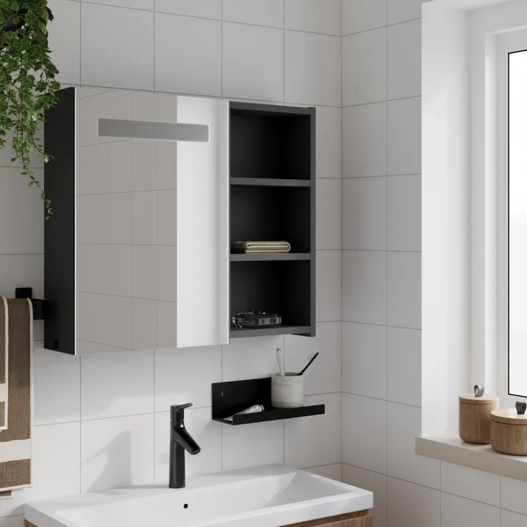 Armadietto Bagno | Armadio da bagno con Specchio e LED Nero 60x13x52 cm
