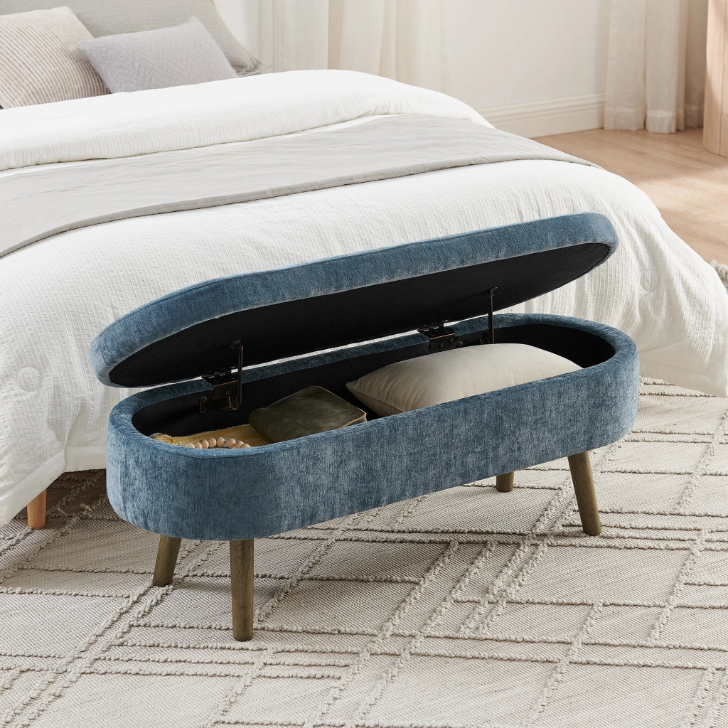 Panca contenitore ovale con coperchio ammortizzato e vano 20 L in chenille blu