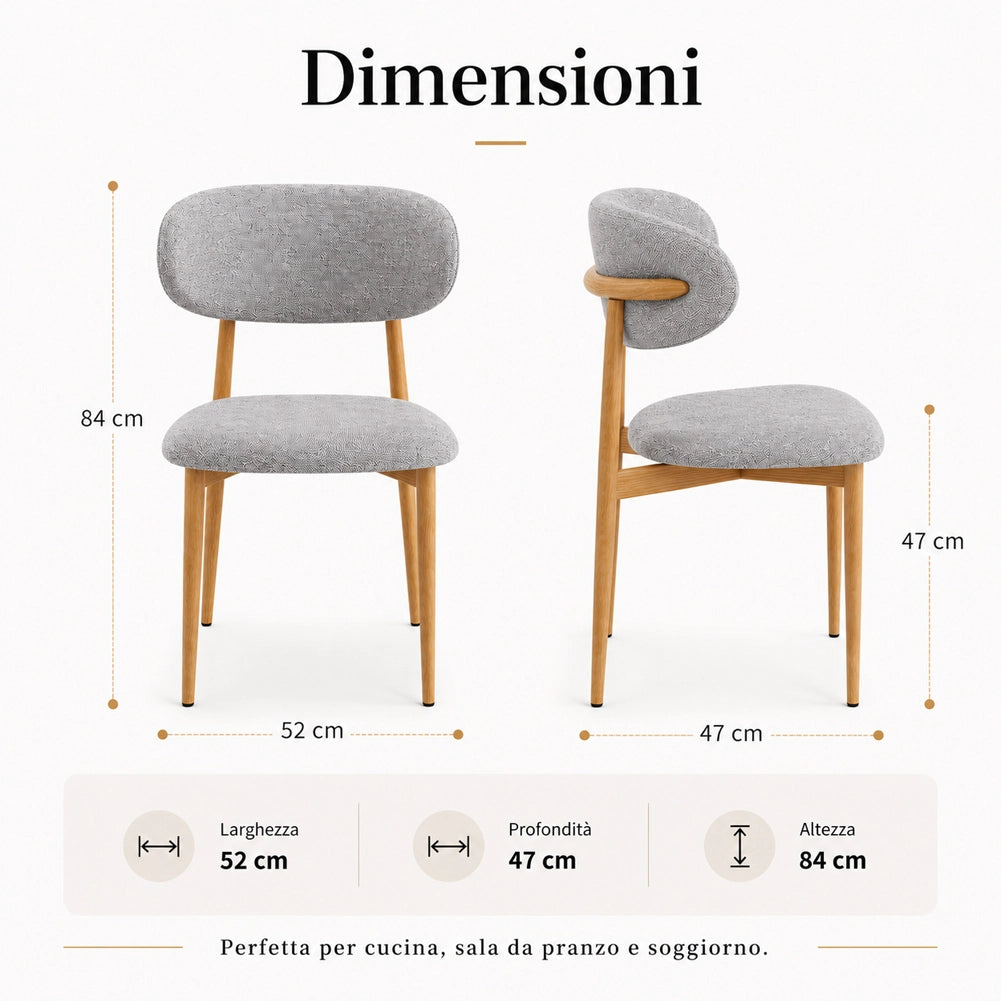 Set 4 Sedie da Pranzo con Gambe in Metallo Effetto Legno e Seduta Tessuto Grigio