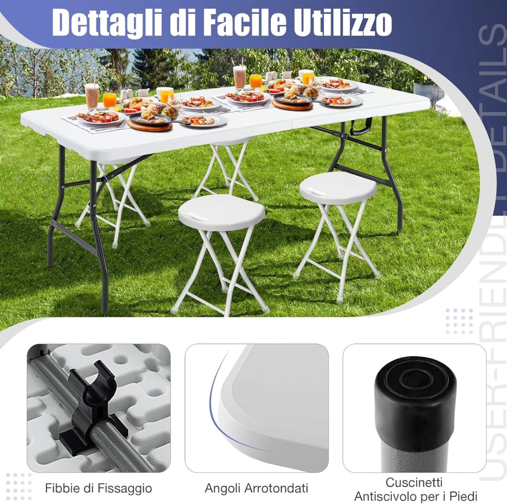 Tavolo da Pranzo Pieghevole 180 cm, Tavolo Campeggio in Plastica con Maniglia, Gambe in Metallo e Piedini Antiscivolo, per Picnic, Campeggio, Giardino, Portata 180 kg