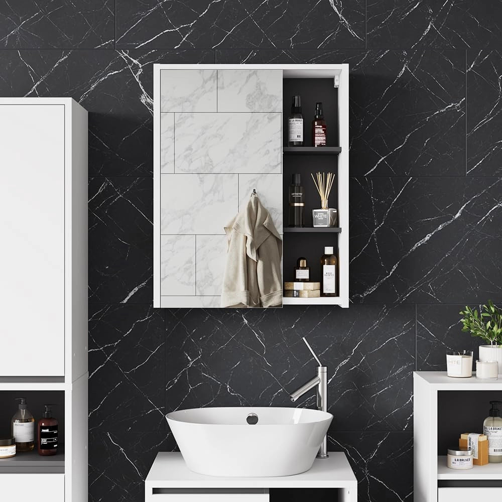 Mobile a specchio per il bagno Viola, Bianco/Grigio, 60 x 75 cm con ripiani aperti