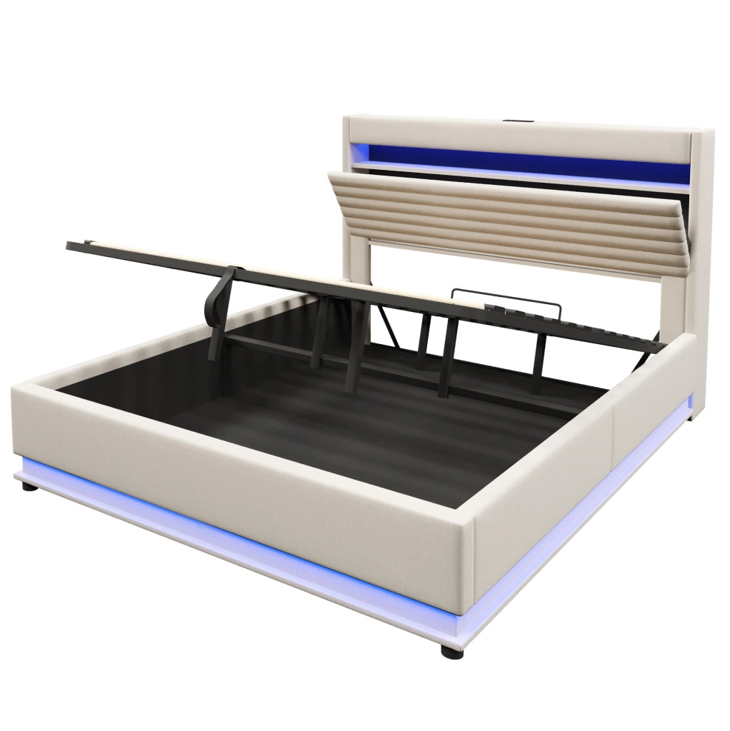 Letto matrimoniale imbottito 180x200 cm in lino beige con contenitore; LED e USB-C
