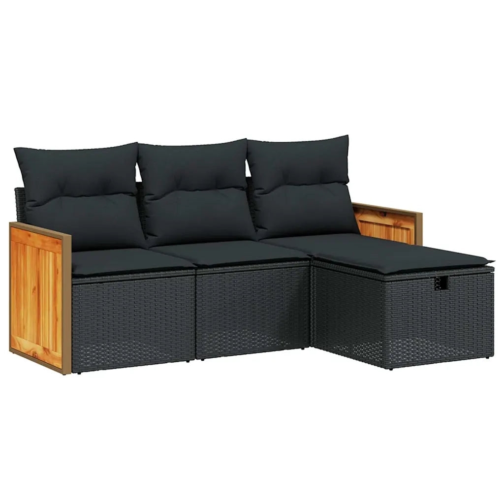 Set Divani da Giardino 4 pz | Set Salotto da Giardino con Cuscini Nero in Polyrattan
