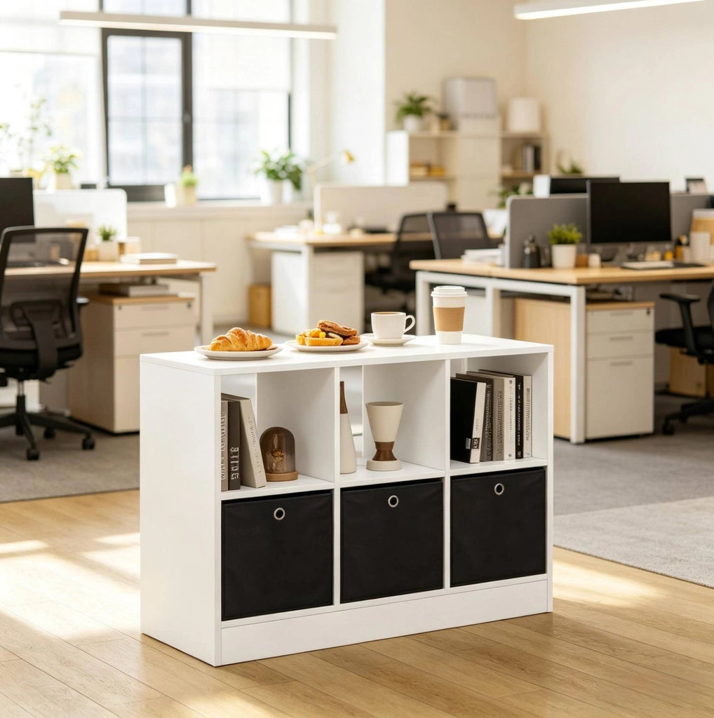 Libreria a cubi con 3 cassetti in tessuto, bianco e nero