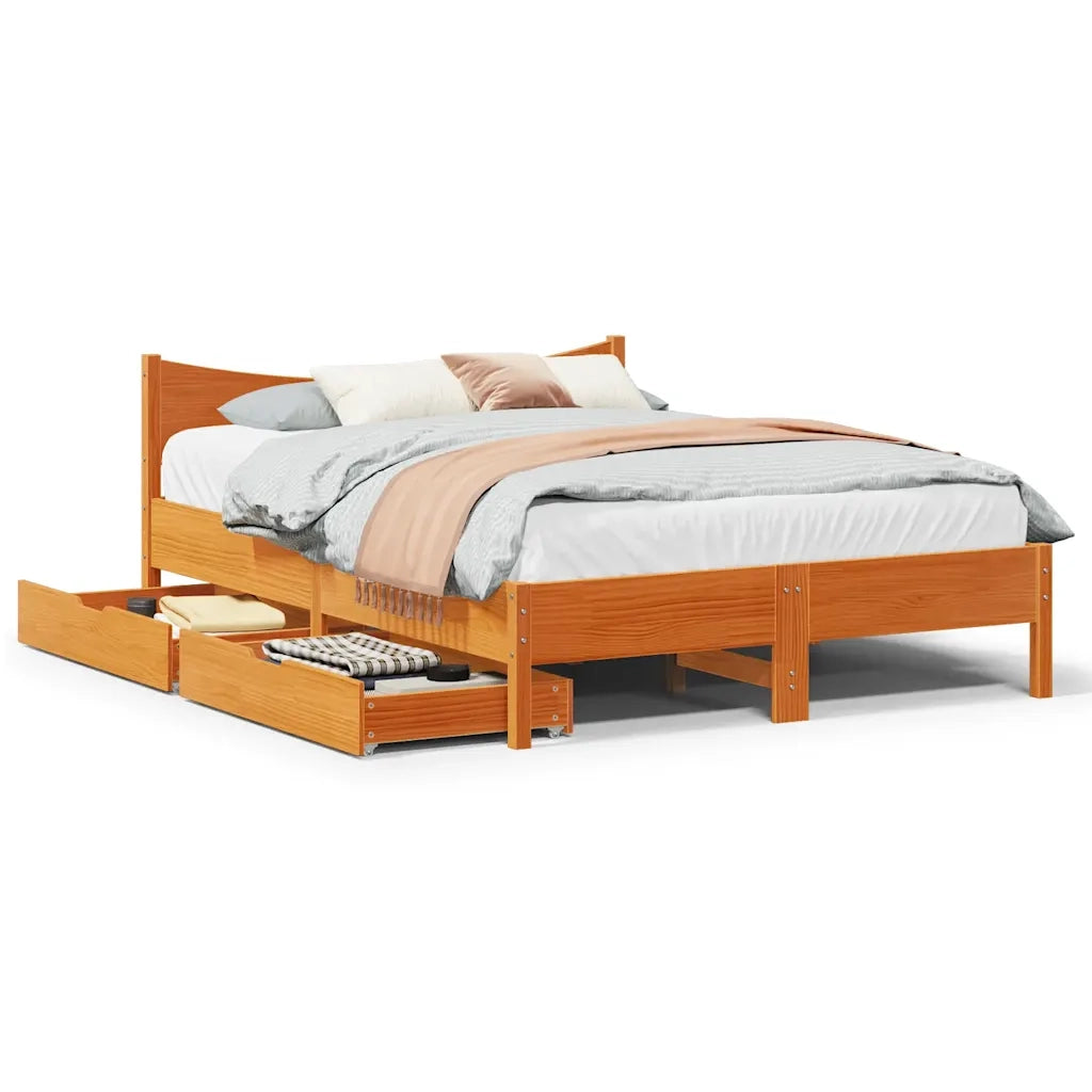Giroletto con Cassetti-Struttura Letto con contenitore Marrone Cera 160x200 cm Massello Pino
