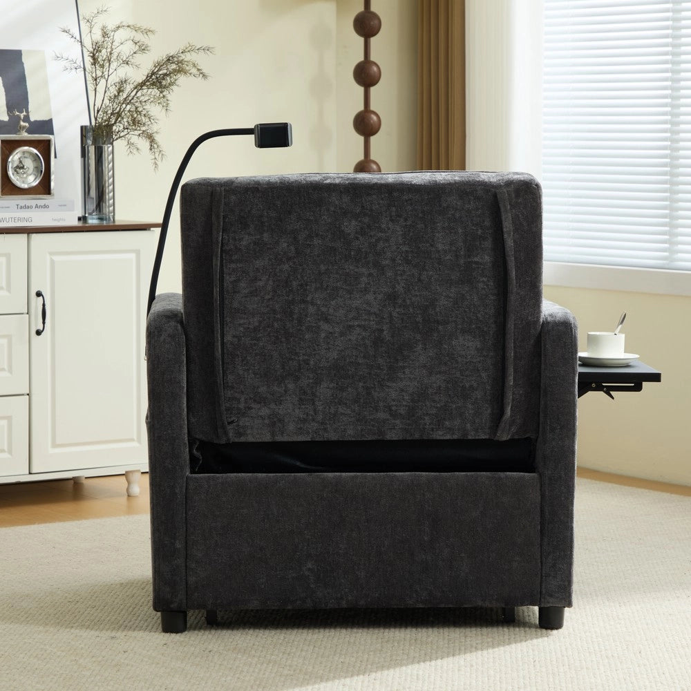 Poltrona letto ¨C Minimal ¨C tessuto chenille grigio con cuscini, tasche laterali e tavolino