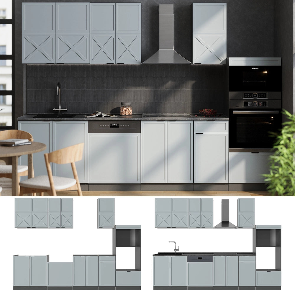 Cucina componibile Fame-Line Blu-grigio chiaro/Antracite 300 cm con armadio alto, PL Antracite Vicco