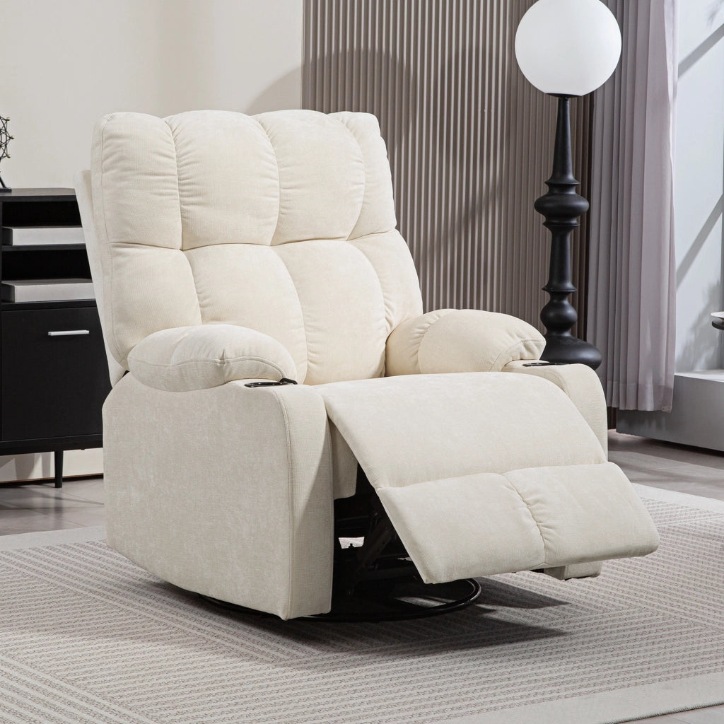 Poltrona Reclinabile con Poggiapiedi e Portabicchieri ¨C Minimal ¨C Tessuto Effetto Lino Beige 88x96x108 cm