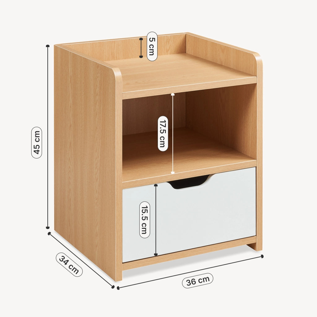 Comodino Bordkak con Cassetto e Scomparto Aperto 45 x 36 x 34 cm - Effetto Rovere / Bianco [en.casa]