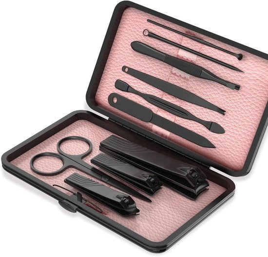 Set di manicure mini 10 in 1 con clipper per unghie e kit di cura del pediluvio in pelle di alta qualità con scatola (Nero/Rosso) - Accessori per viaggio