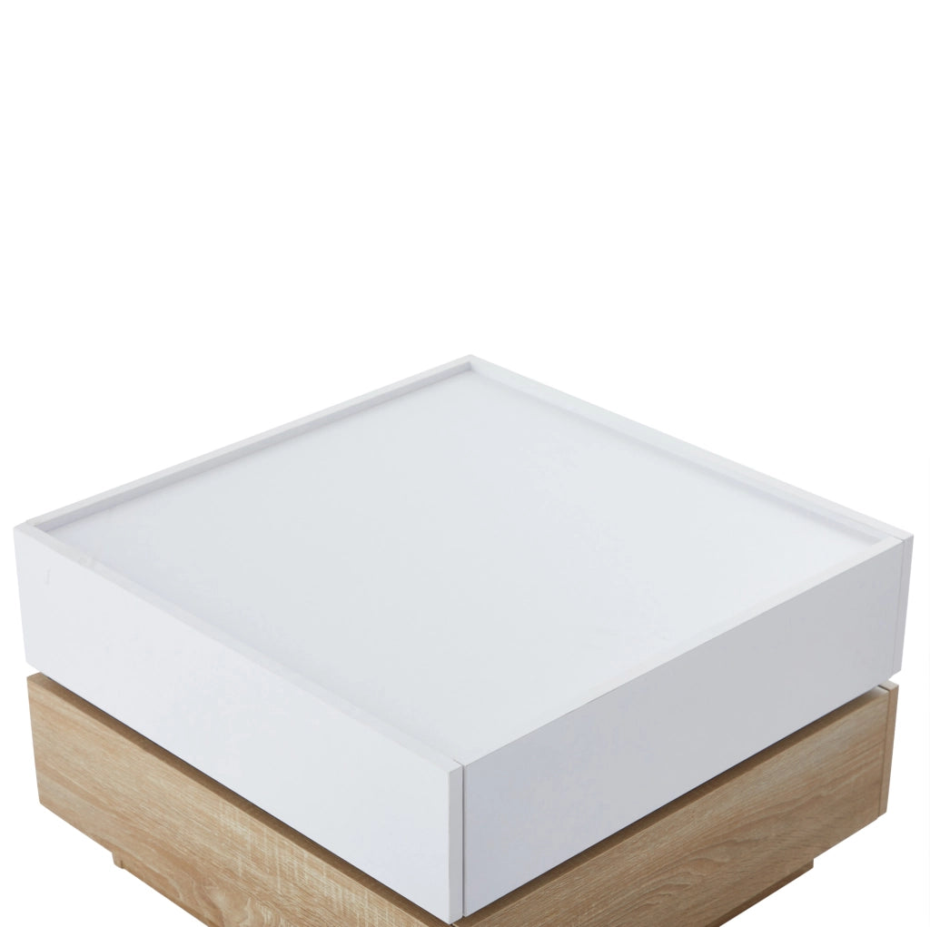 Tavolino da salotto girevole a 360° con 2 cassetti; 60x60x38 cm; bianco e noce