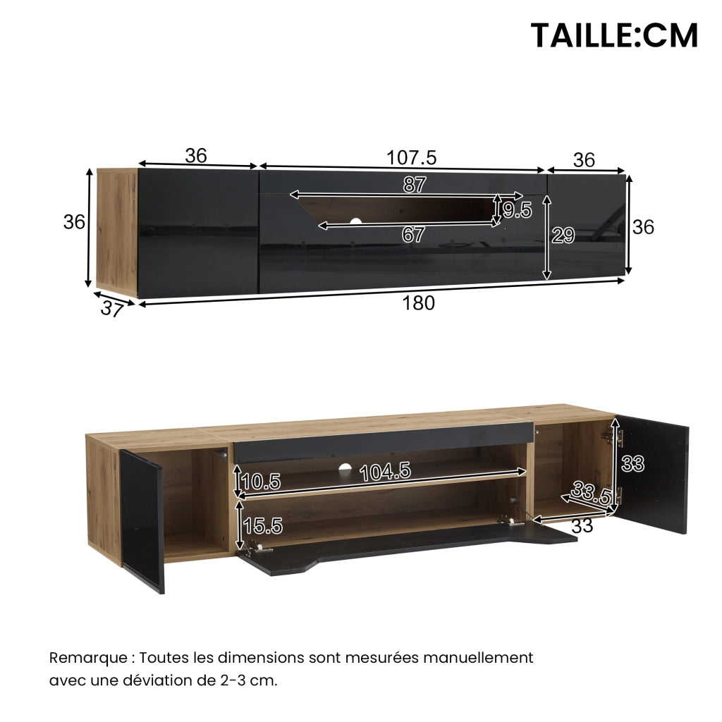 Mobile TV Sospeso con 2 Ante 1 Ribalta e LED per Soggiorno in Pannelli Nero e Legno Naturale 180 x 37 x 36 cm