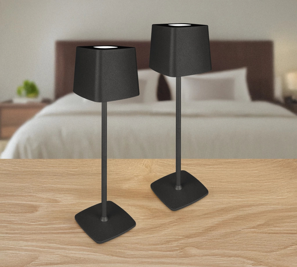 Coppia Di Lampada Da Tavolo LED Set 2 Pezzi Design Moderno Senza Fili Ricaricabile Controllo Touch Selezione Colore Intensità Dimmerabile Altezza Regolabile Con Adattatore Per Bottiglia 3000/4500/600K  2Pz-Quadrata-Nero