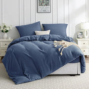 Set di lenzuola di lusso in cotone lavato al 100%, 200 x 200 cm, completo con copriletto e cuscini in blu elegante.