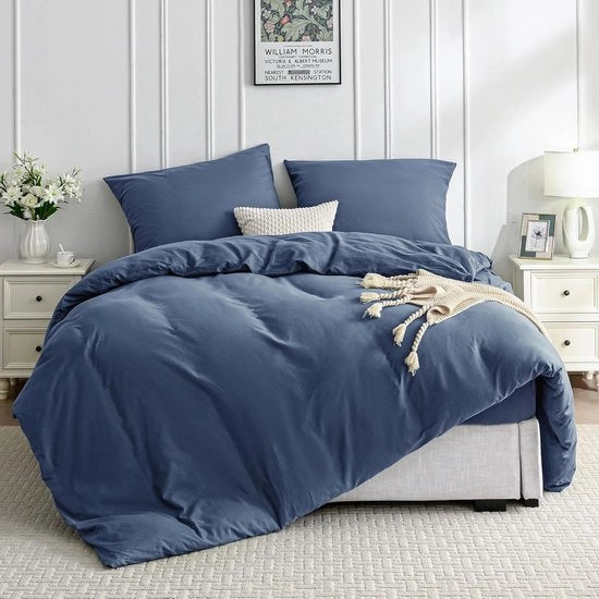 Set di lenzuola di lusso in cotone lavato al 100%, 200 x 200 cm, completo con copriletto e cuscini in blu elegante.