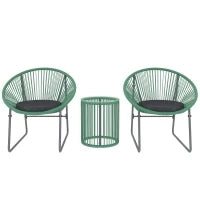 Set Mobili da Esterno 3 Pezzi, 1 Tavolo, 2 Sedie, Piano in Vetro, Rattan Sintetico Avvolto Intorno a Telai in Acciaio, Cuscini Soffici, Verde