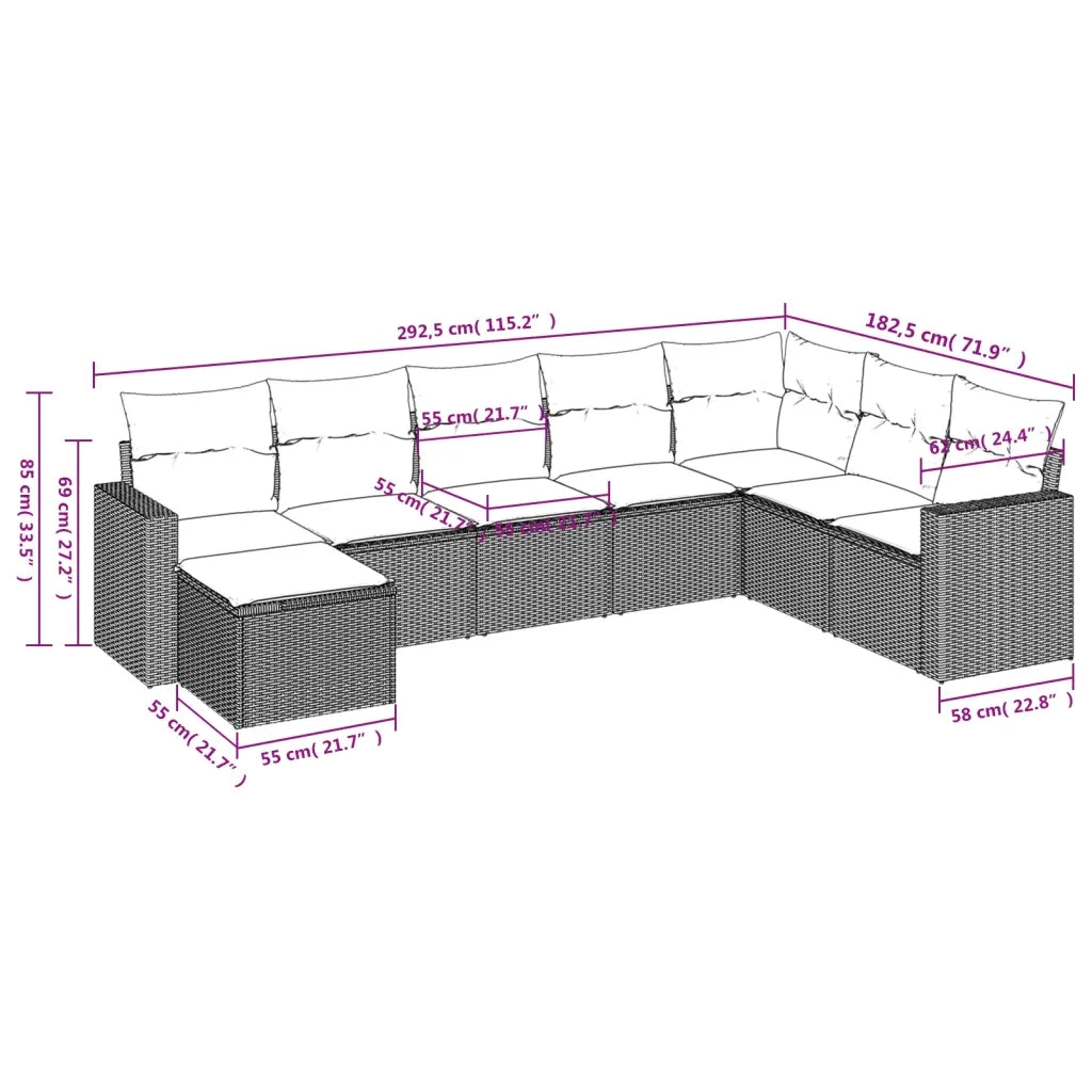 Set Divani da Giardino con Cuscini 8 pz Nero in Polyrattan 3219346
