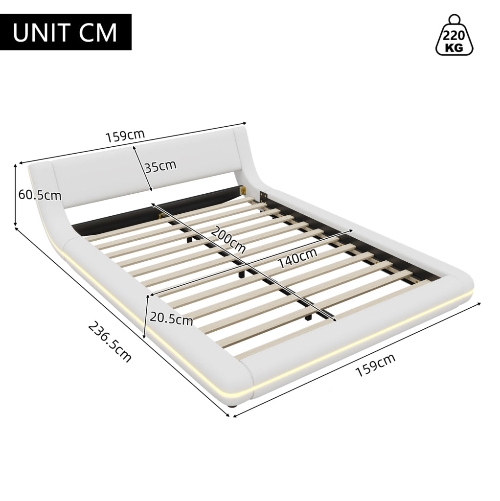 Letto a pavimento 140x200 cm con LED RGB, struttura in PU bianco