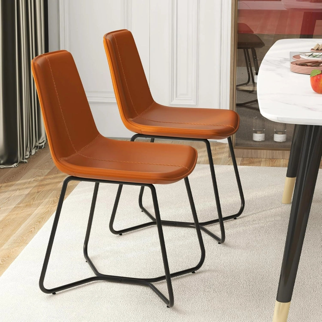 Set di 2 Sedie per Sala Pranzo con Schienale e Seduta Imbottita in Ecopelle, Sedia per Cucina con Gambe in Metallo, Sedia Vintage Comfortevole per Soggiorno, Capacità di 130 kg, Marrone