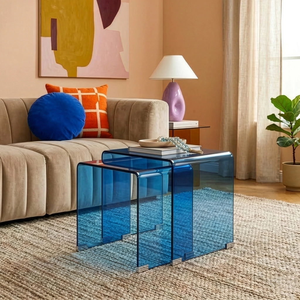 Set Kariengem di 2 Tavolini Sovrapponibili in Vetro - Blu [en.casa]