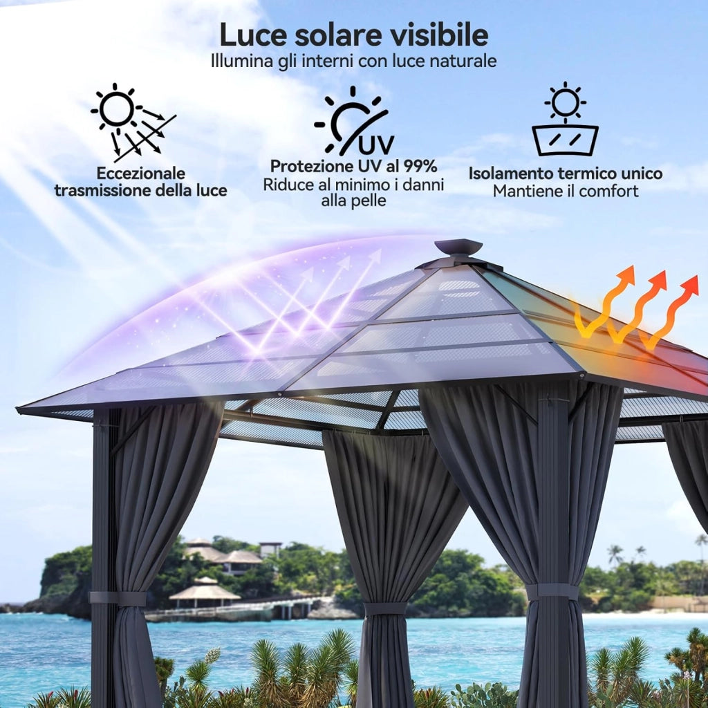 Gazebo 3 x 3 impermeabile con Luce LED, stabile, in alluminio, gazebo da giardino, con tetto fisso, protezione UV, adatto per scene esterne, grigio