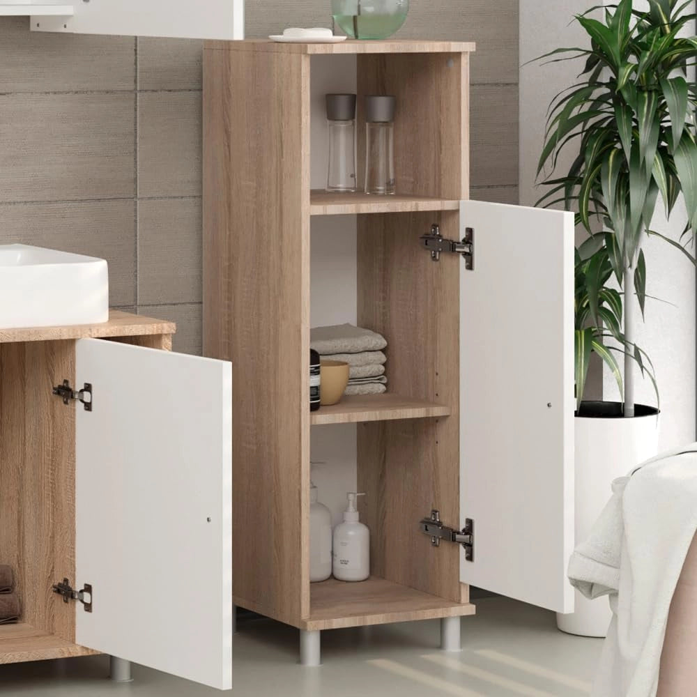 Mobile Midi Fynn, Sonoma/Bianco, 30 x 95 cm, per la conservazione di accessori da bagno e compatibile con Fynn