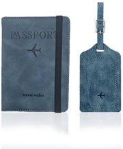 Set di portachiavi e etichetta valigia - Portachiavi in PU pelle - Protezione pasaporto con blocco RFID - Portachiavi con tasche per carte e cintura elastica - Per carte di credito, carte d'identità, documenti di viaggio - Accessori di viaggio