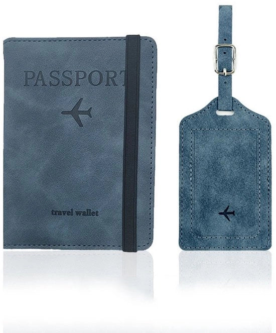 Set di portachiavi e etichetta valigia - Portachiavi in PU pelle - Protezione pasaporto con blocco RFID - Portachiavi con tasche per carte e cintura elastica - Per carte di credito, carte d'identità, documenti di viaggio - Accessori di viaggio