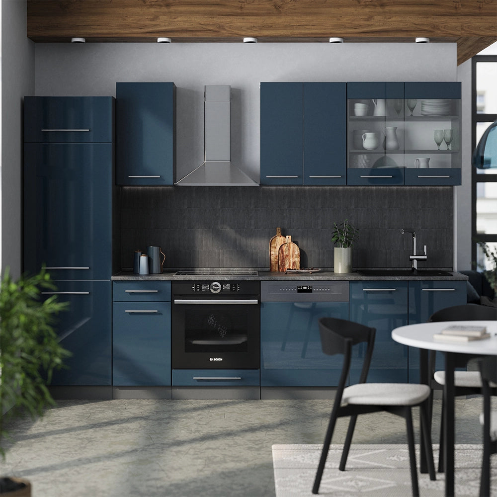 Cucina componibile Fame-Line Blu scuro lucido/Antracite 300 cm, PL Antracite Vicco