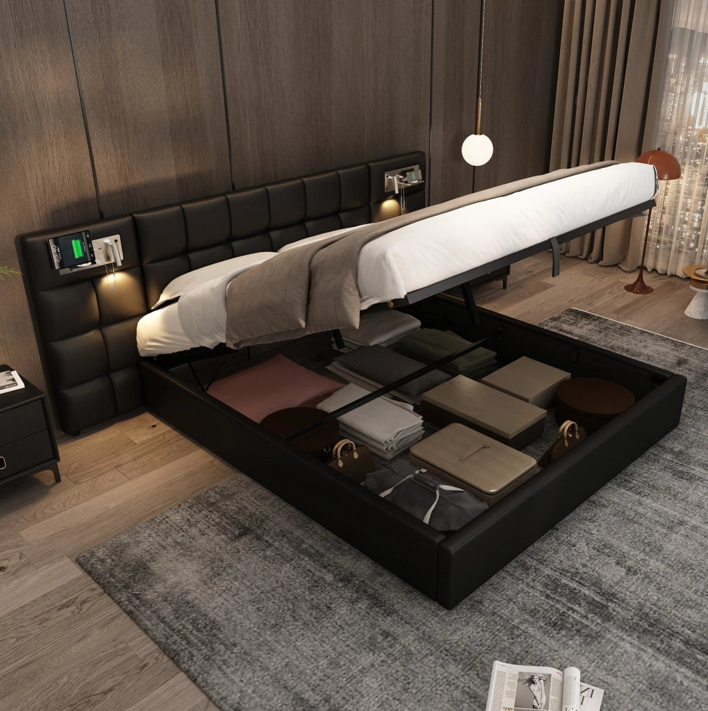 Letto imbottito 180x200 cm con contenitore, USB e ricarica wireless
