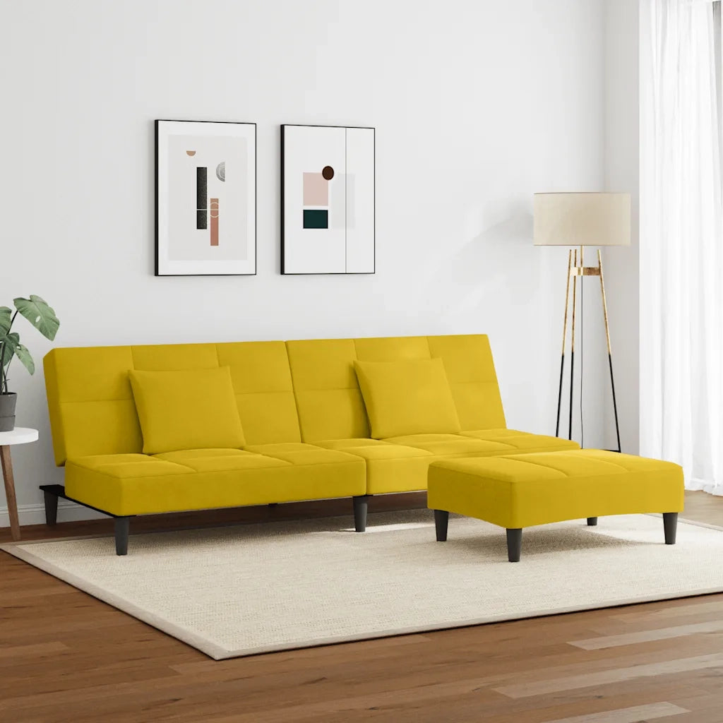 Divano Letto 2 Posti con Sgabello Giallo in Velluto