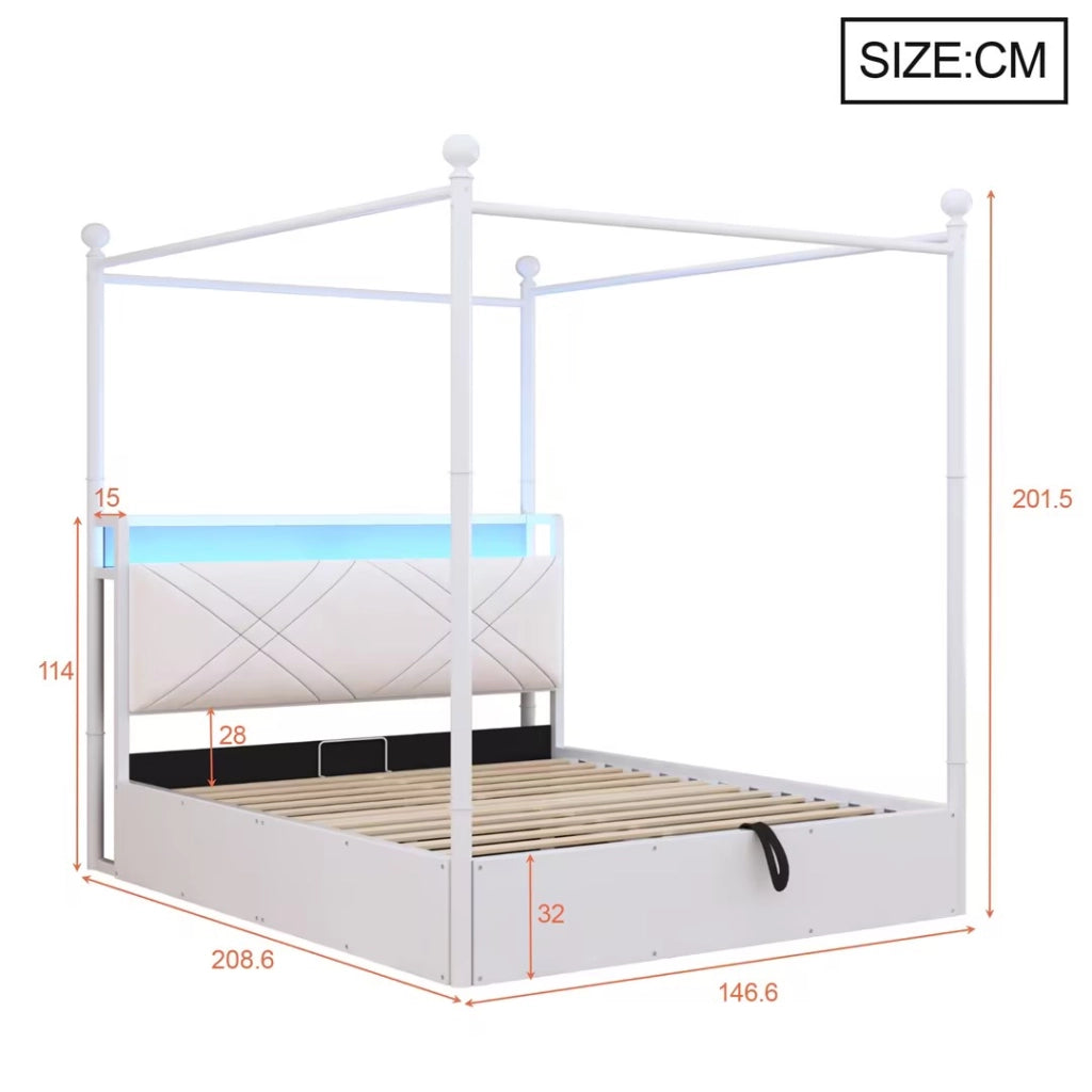 Letto contenitore 140 × 190 cm con baldacchino rimovibile, LED, USB e Type-C, senza materasso, bianco