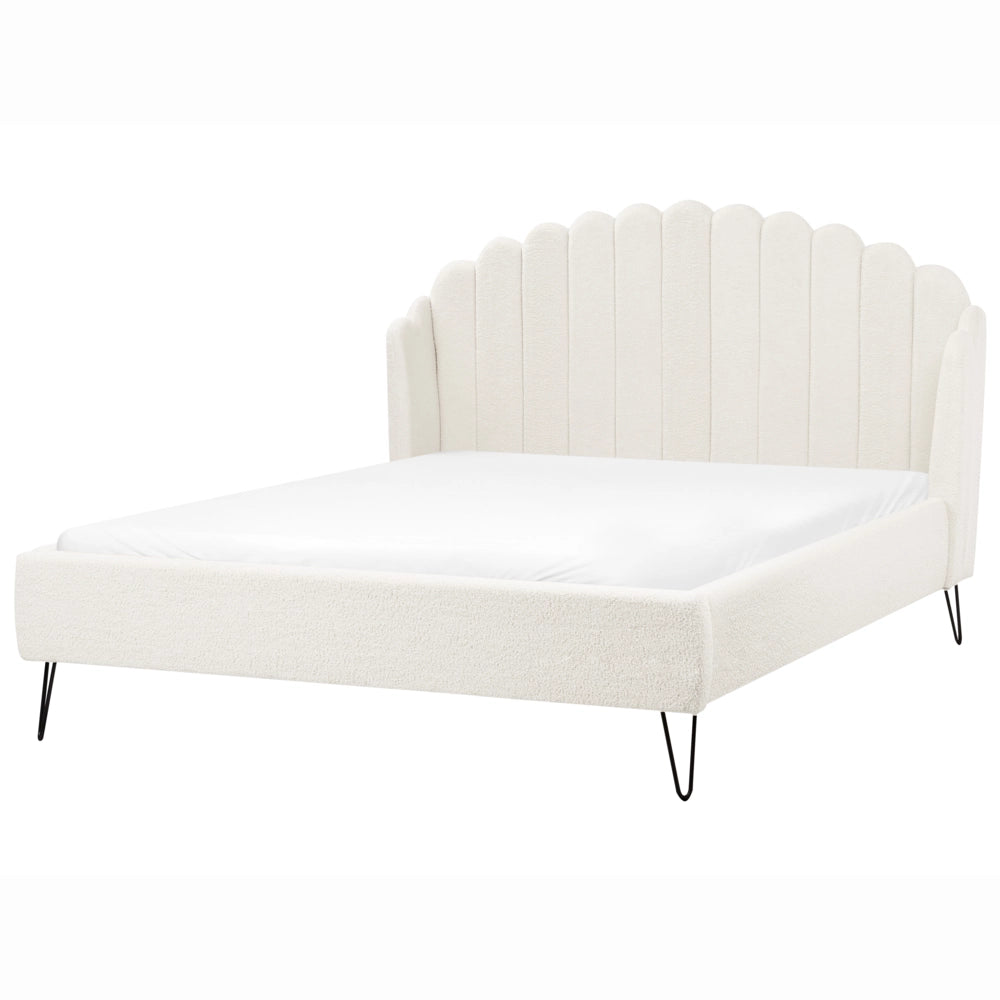 Letto matrimoniale con rete in tessuto bouclè bianco sporco 140 x 200 cm gambe in metallo testata retro capitonné