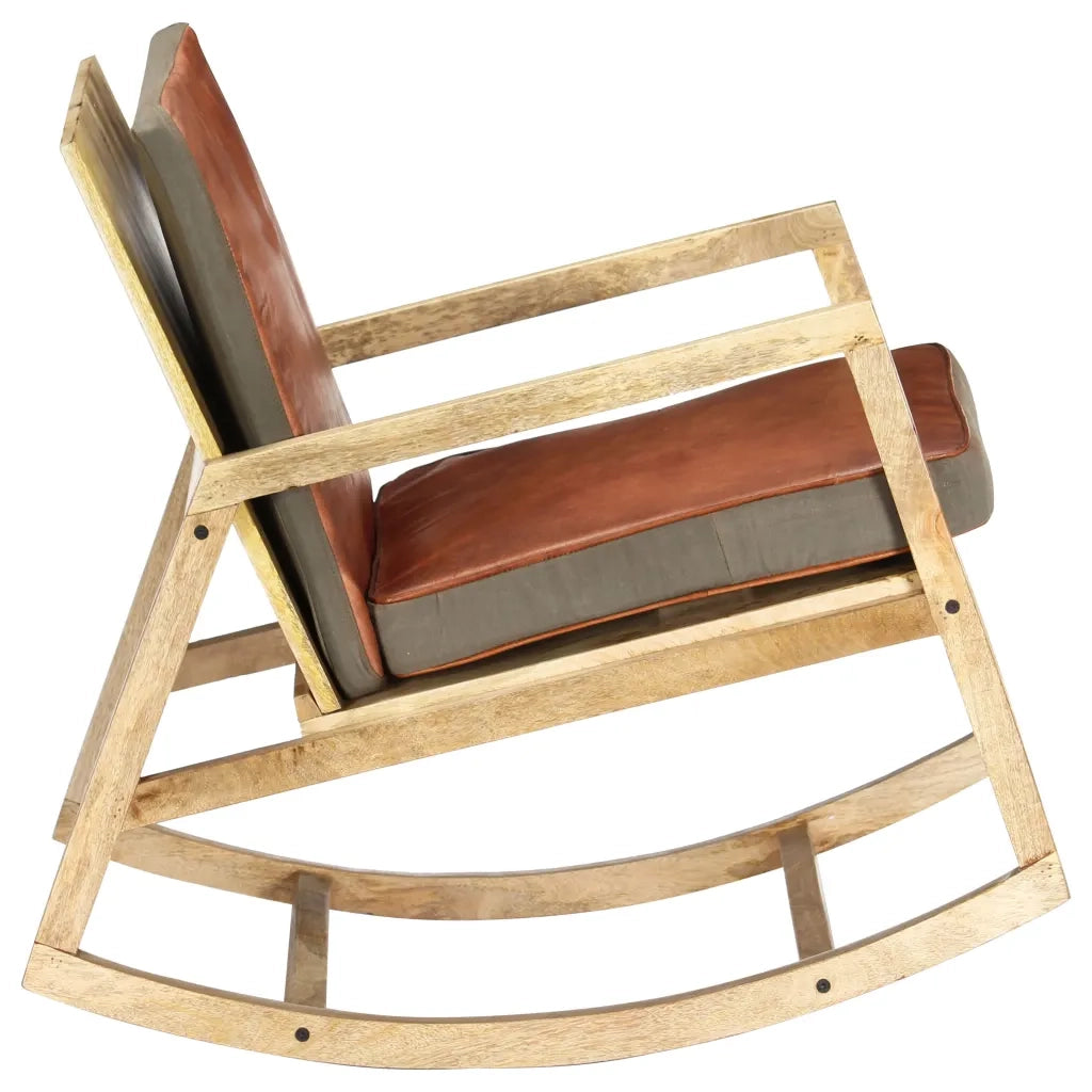 Sedia a Dondolo Marrone in Vera Pelle e Legno Massello di Mango 282906