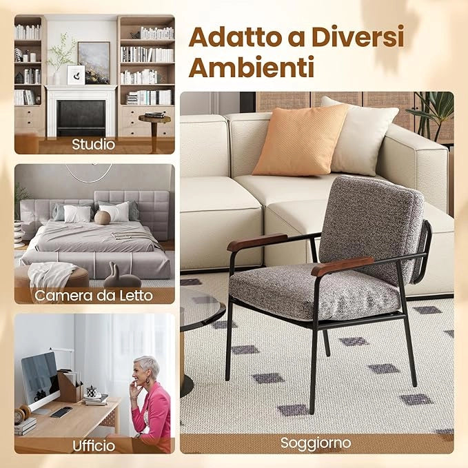 Poltrona da Camera da Letto, Sedia Imbottito con Cuscino Posteriore, Braccioli in Legno di Gomma Massiccio e Struttura in Metallo, Poltrona Relax Moderna per Soggiorno e Studio