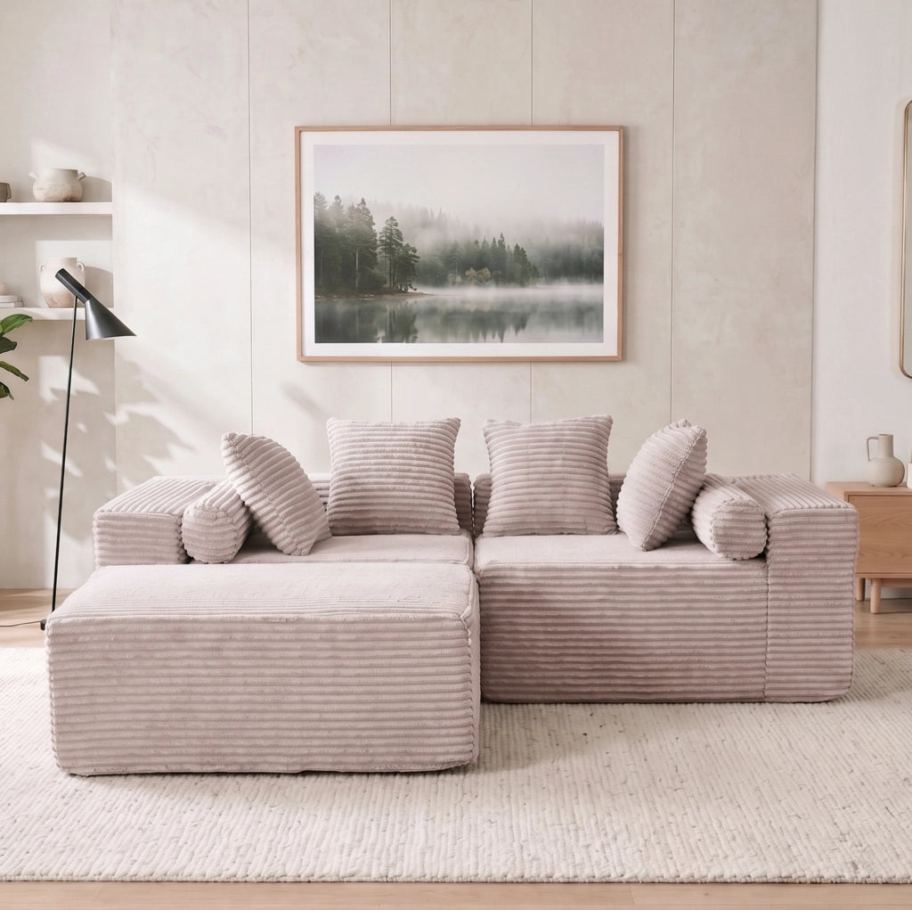 Divano modulare componibile a L con chaise longue; senza montaggio; in schiuma e molle; beige