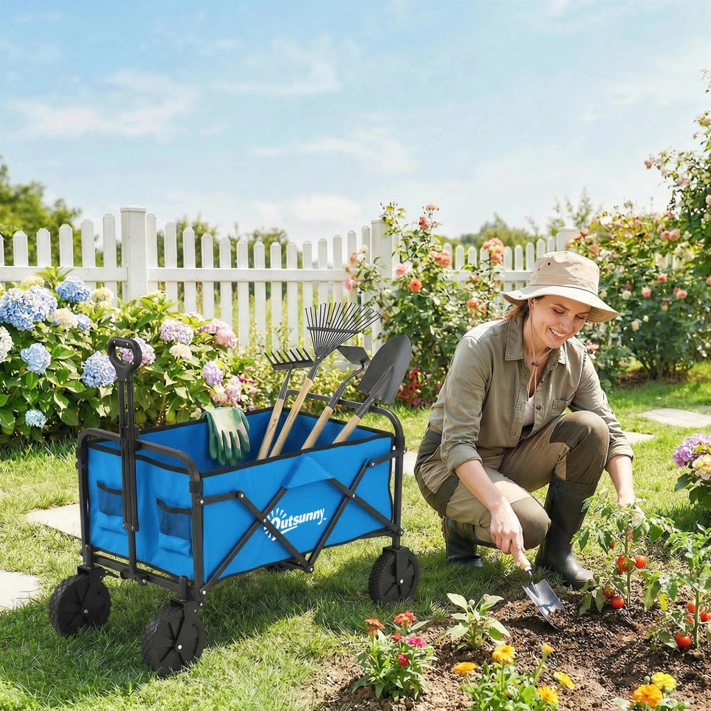 Carrello da Giardino Pieghevole con Ruote Bloccabili ¨C zephmum ¨C 85x50x99 cm Blu
