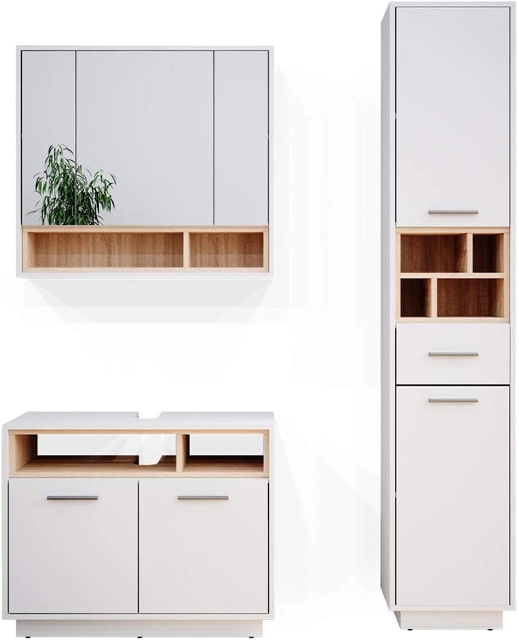 Set di mobili da bagno Beatrice, Grigio, 80 cm, composto da mobile lavabo, pensile a specchio, colonna e base media