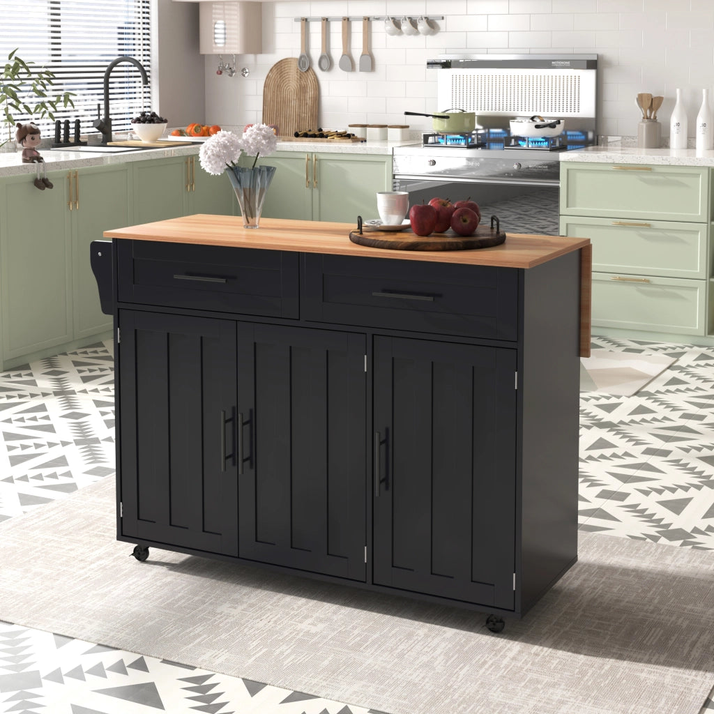Carrello da cucina con 2 cassetti; 3 ante; piano ribaltabile; portaasciugamani e 5 ruote; in MDF; 129x46x91;5 cm
