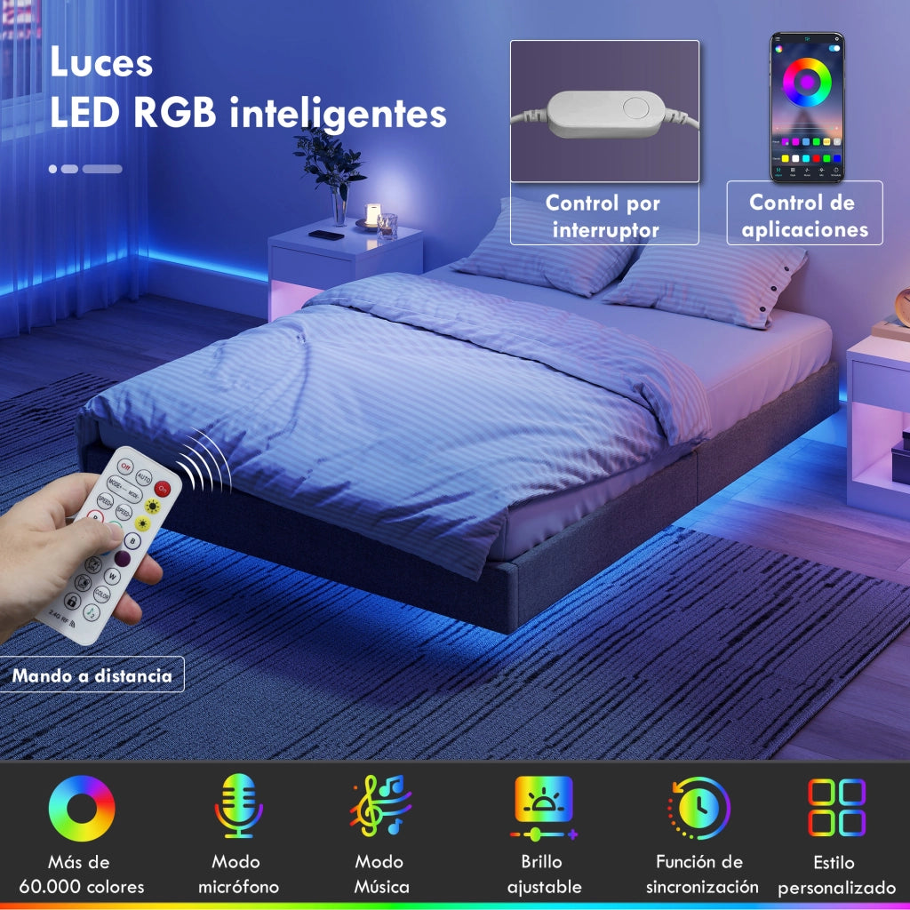 Letto Imbottito con Luci LED e Struttura in Legno ¨C Zephmum ¨C Grigio 140x190 cm