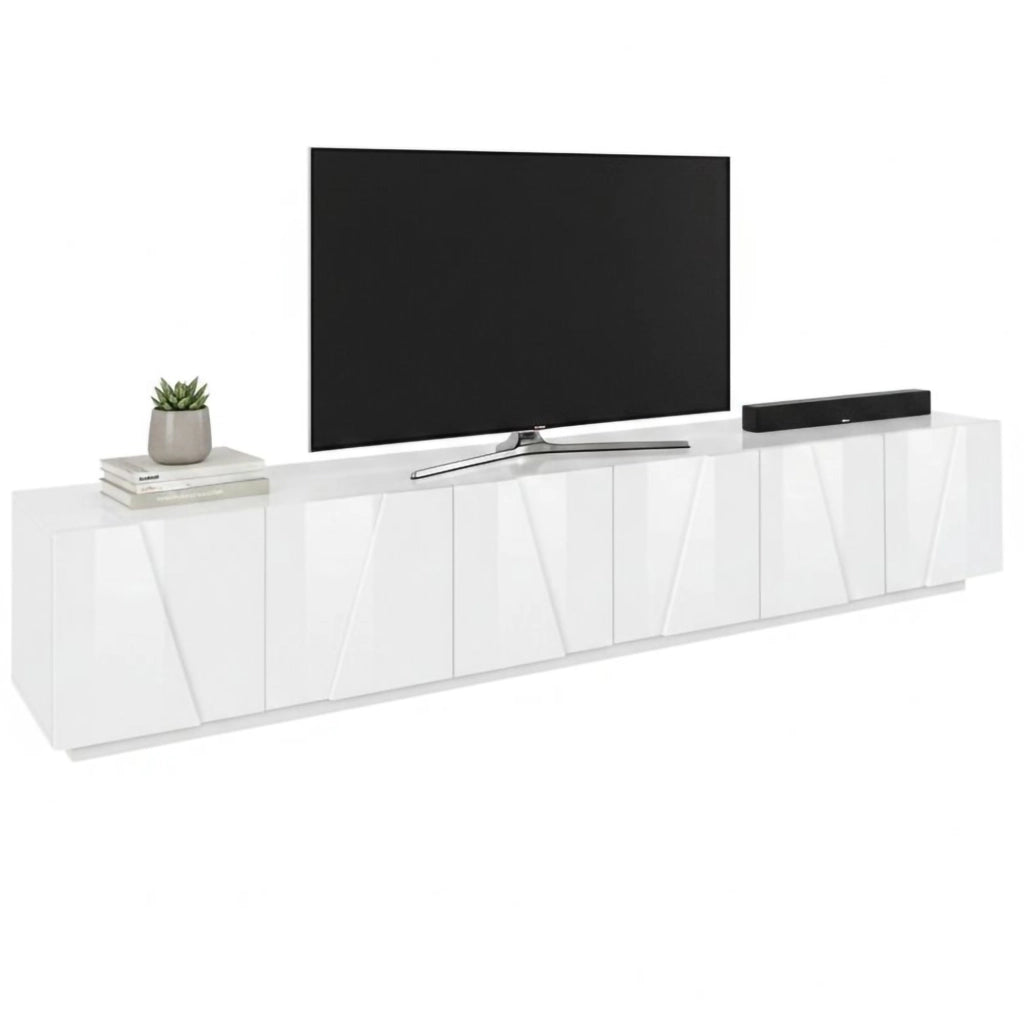 Mobile da soggiorno Porta Aemilor, Made in Italy, Credenza per Aemilor da salotto a 6 antine battenti con dettaglio, cm 244x44h46, Bianco lucido