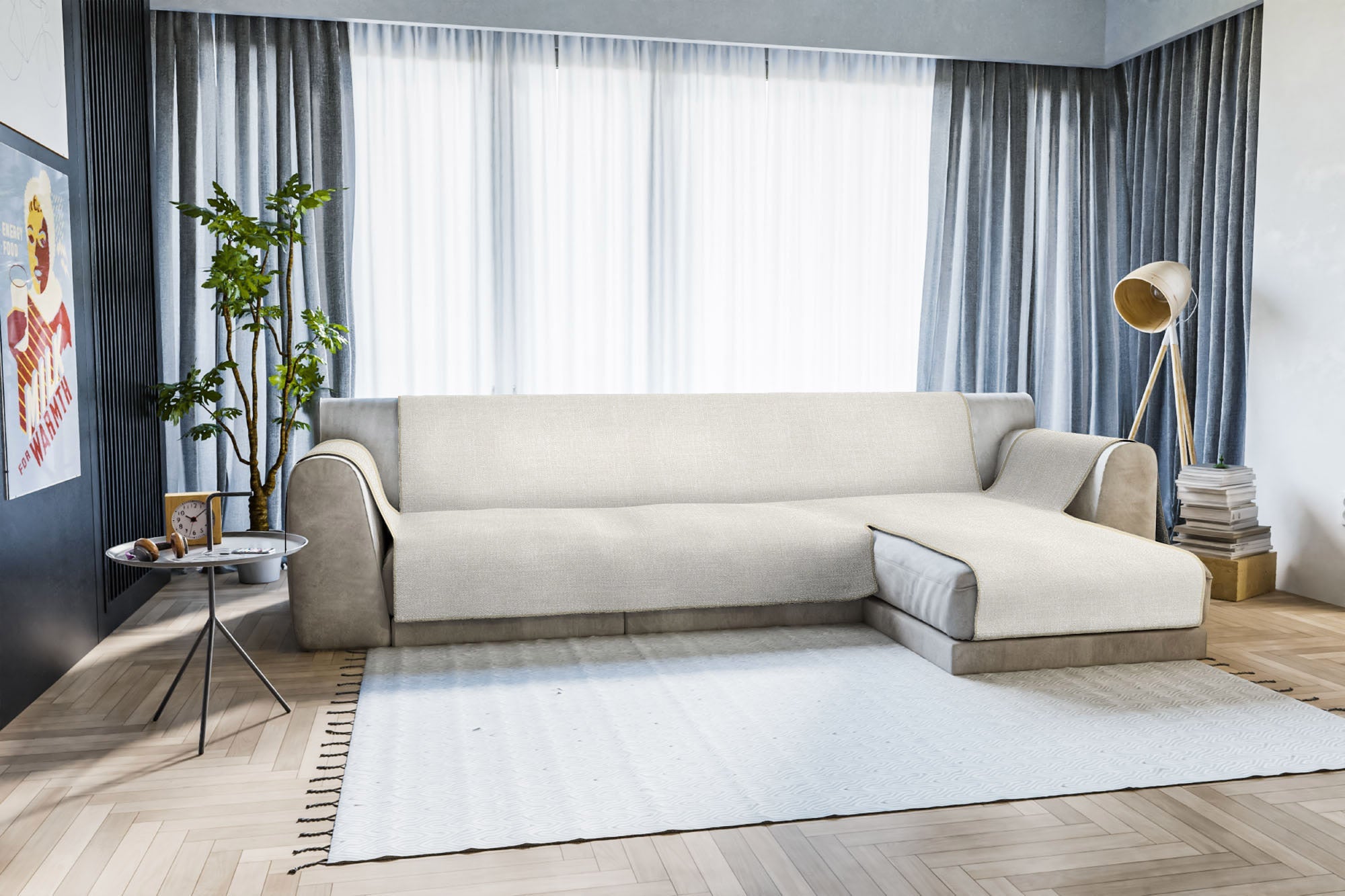 Copridivano in Poliestere con Penisola Destra Seduta 290 cm Panna