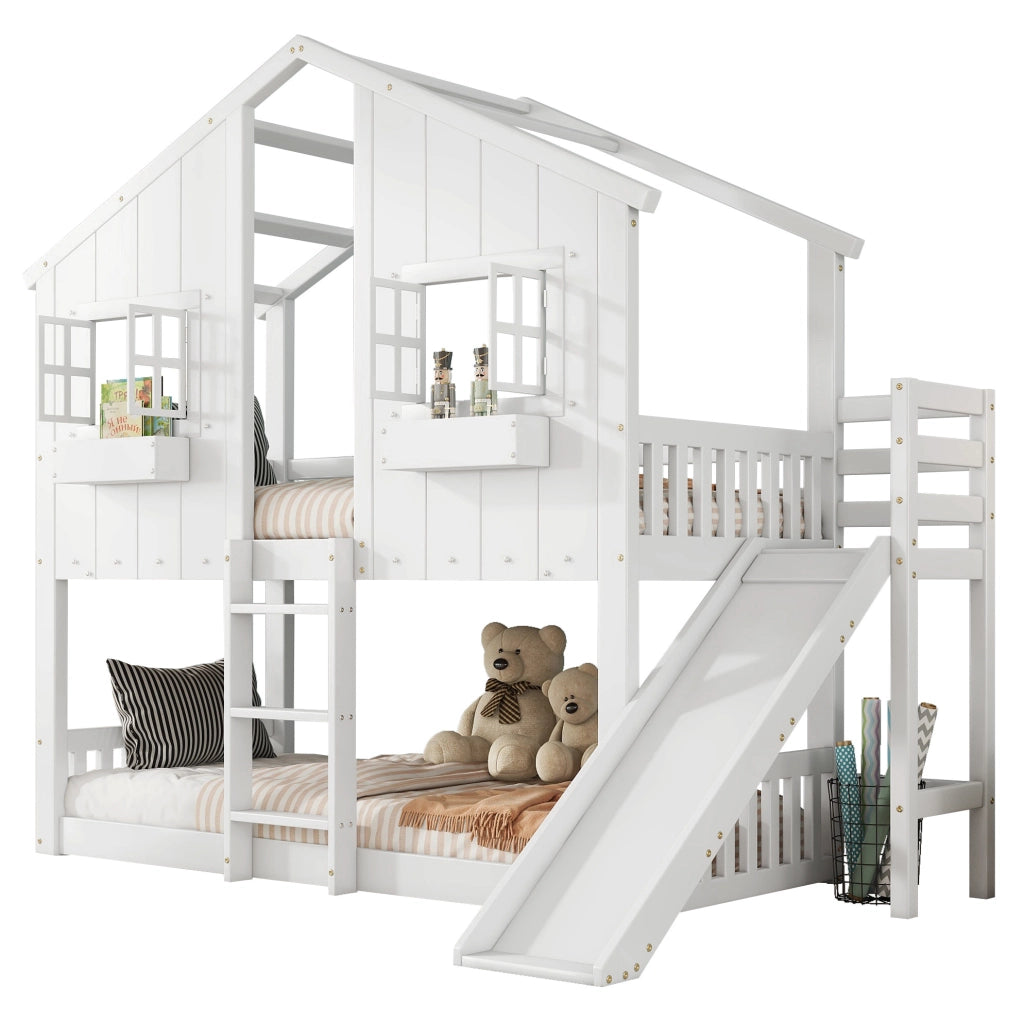 Letto a castello 90x200 cm con scivolo e finestre in legno e MDF bianco